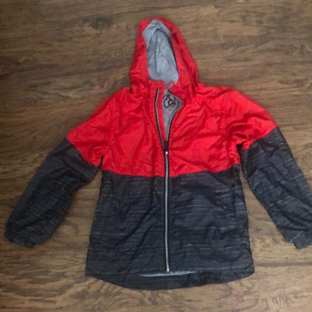 AQ Red/Back long sleeve boys jacket, size 10-12, with front pockets, great condi